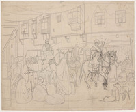 KT 1691
<br/>
Oosters straattafereel met paardenkoets en ruiter te paard
<br/>
<em>Famars Testas, Willem de (1834-1896)</em>